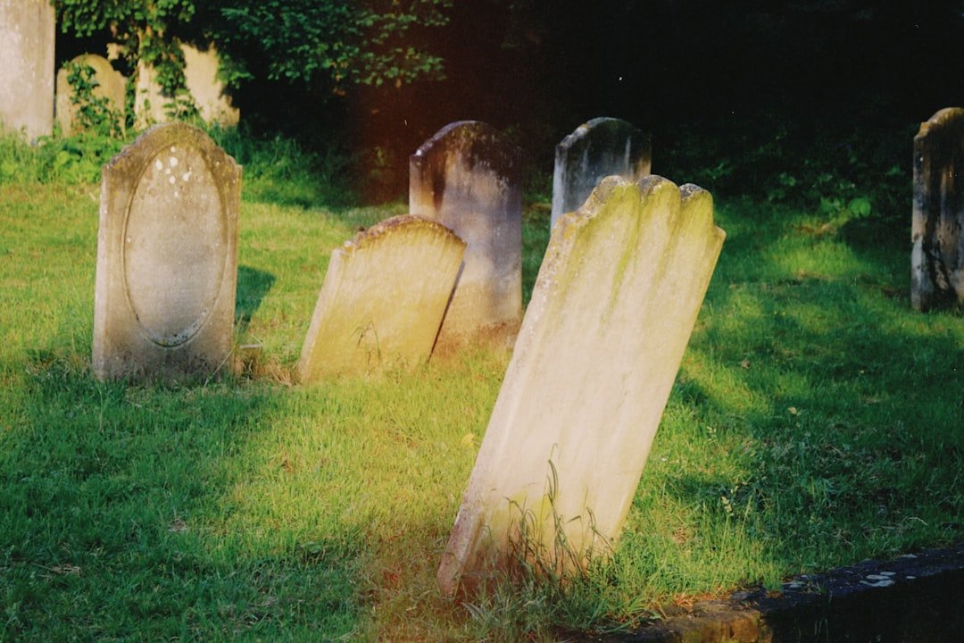 Weathered gravestones in green grass, farewell to life partner.