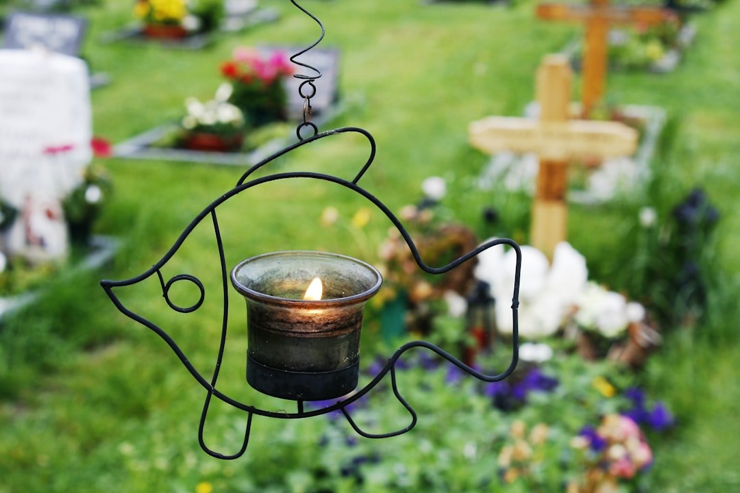 Candlelit fish lantern in cemetery, processing grief and finding closure.